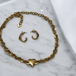 Prada Gold Heart Chain Necklace and Earring Set